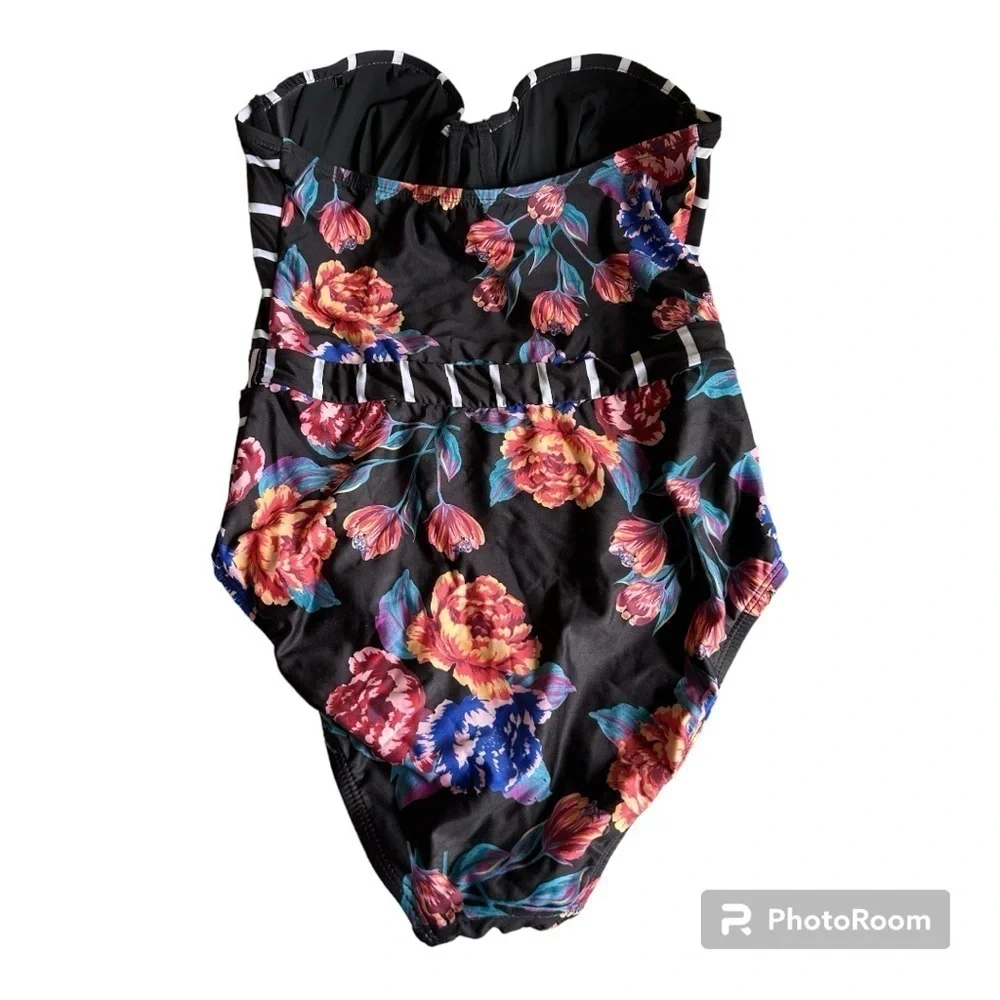 ModCloth Harper floral striped strapless one piece swimsuit small